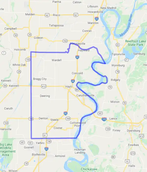 County level USDA loan eligibility boundaries for Pemiscot, Missouri