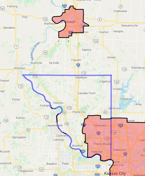 County level USDA loan eligibility boundaries for Platte, Missouri