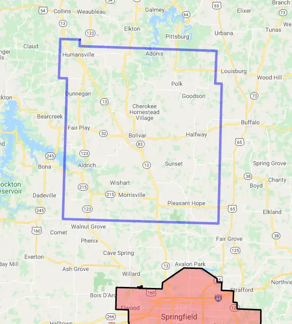 County level USDA loan eligibility boundaries for Polk, Missouri