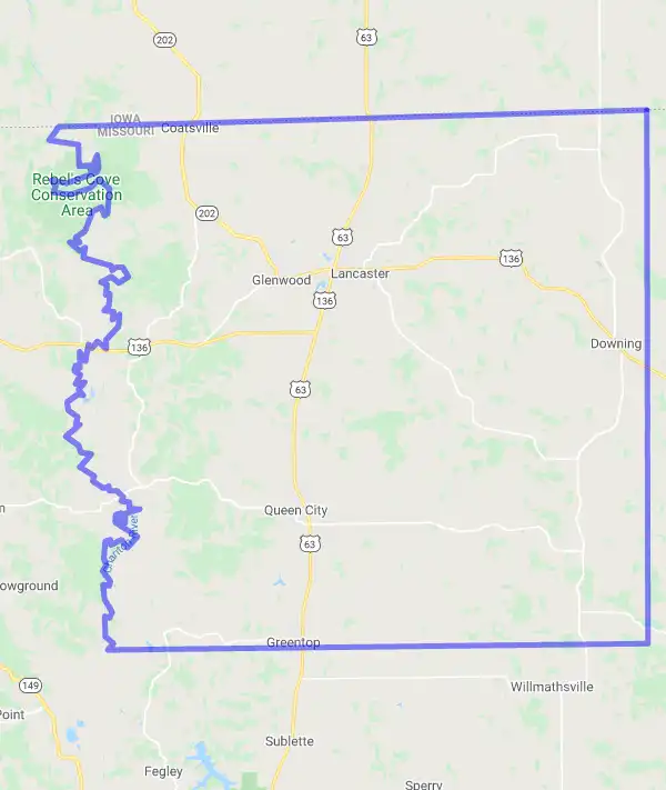 County level USDA loan eligibility boundaries for Schuyler, Missouri