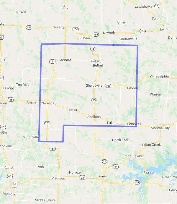County level USDA loan eligibility boundaries for Shelby, Missouri