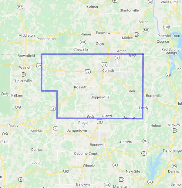 County level USDA loan eligibility boundaries for Alcorn, Mississippi