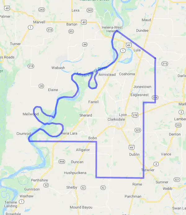 County level USDA loan eligibility boundaries for Coahoma, Mississippi