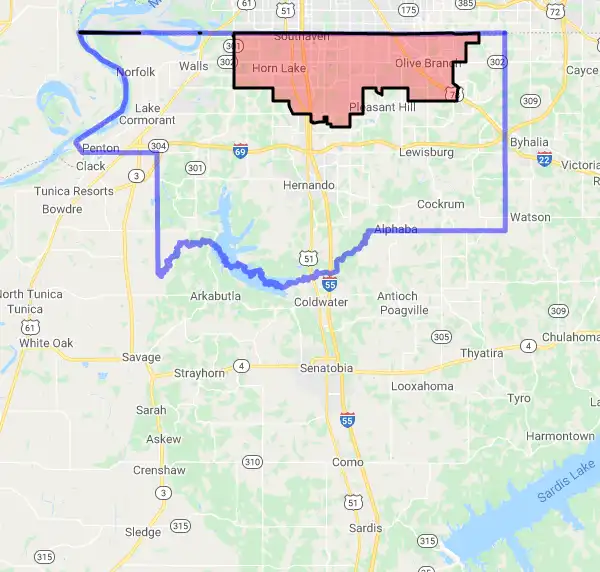 County level USDA loan eligibility boundaries for DeSoto, Mississippi