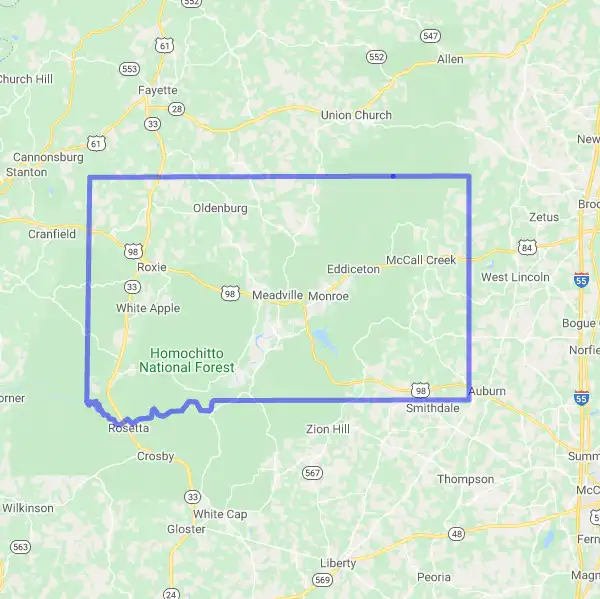 County level USDA loan eligibility boundaries for Franklin, Mississippi