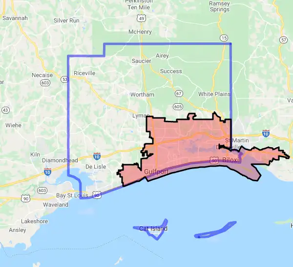 County level USDA loan eligibility boundaries for Harrison, Mississippi