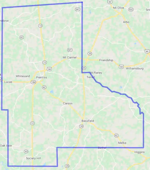 County level USDA loan eligibility boundaries for Jefferson Davis, Mississippi