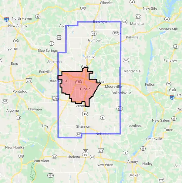 County level USDA loan eligibility boundaries for Lee, Mississippi