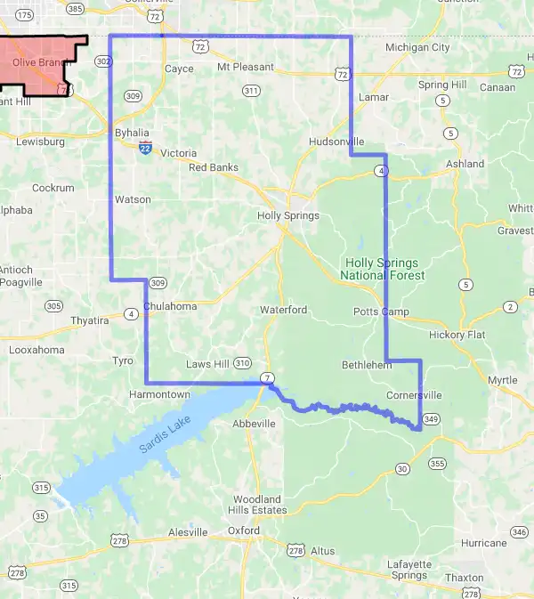 County level USDA loan eligibility boundaries for Marshall, Mississippi