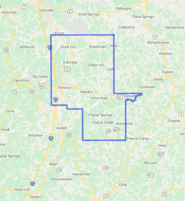 County level USDA loan eligibility boundaries for Montgomery, Mississippi