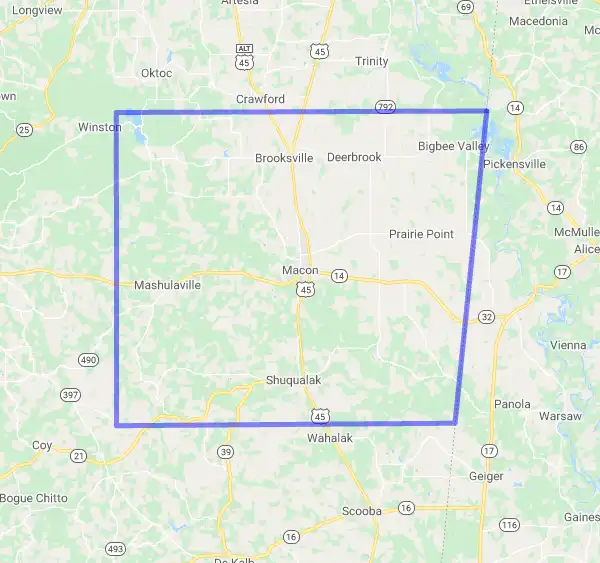 County level USDA loan eligibility boundaries for Noxubee, Mississippi