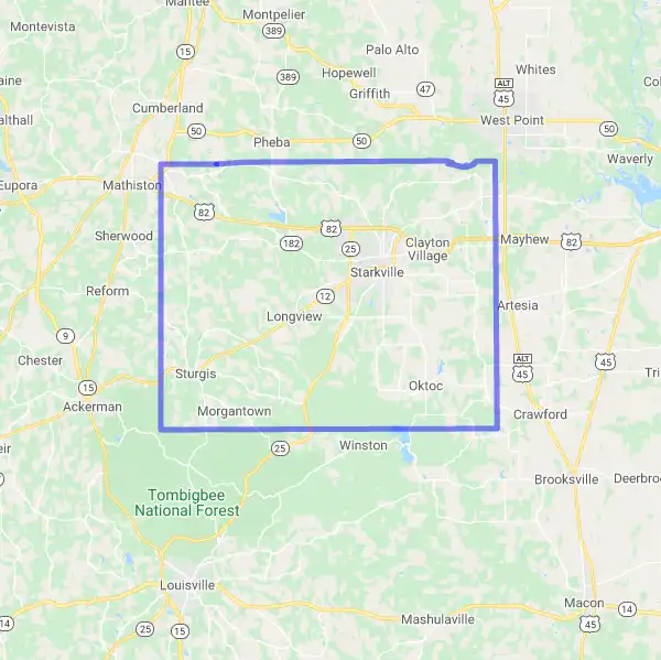 County level USDA loan eligibility boundaries for Oktibbeha, Mississippi