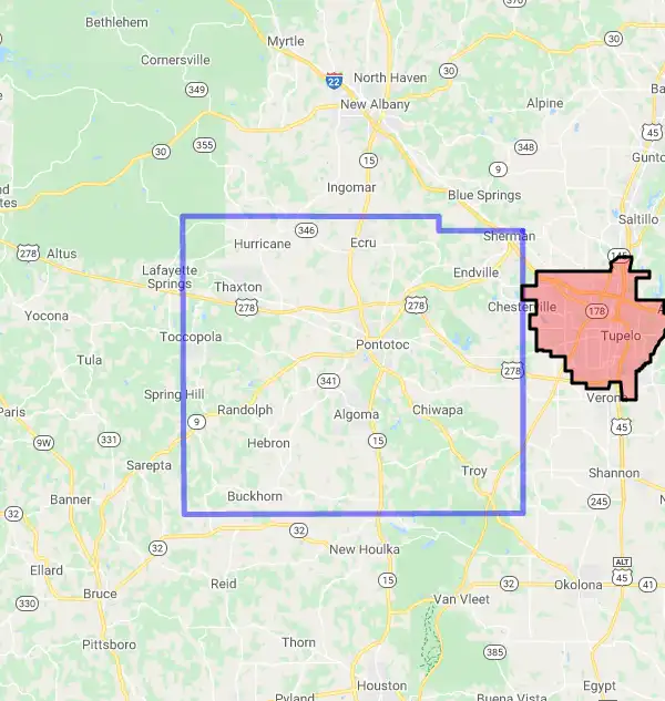 County level USDA loan eligibility boundaries for Pontotoc, Mississippi