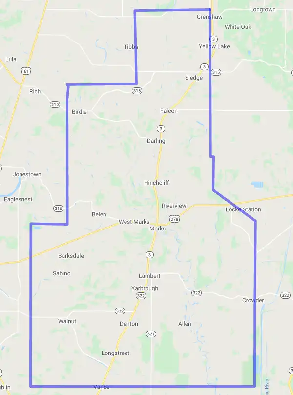 County level USDA loan eligibility boundaries for Quitman, Mississippi