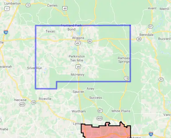 County level USDA loan eligibility boundaries for Stone, Mississippi