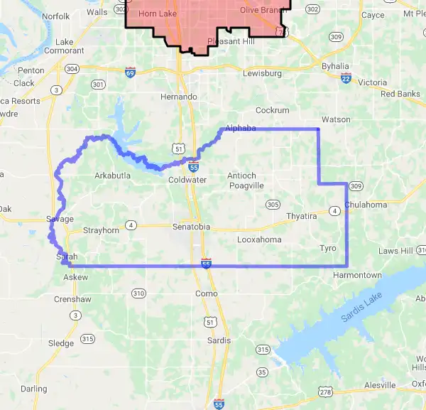 County level USDA loan eligibility boundaries for Tate, Mississippi