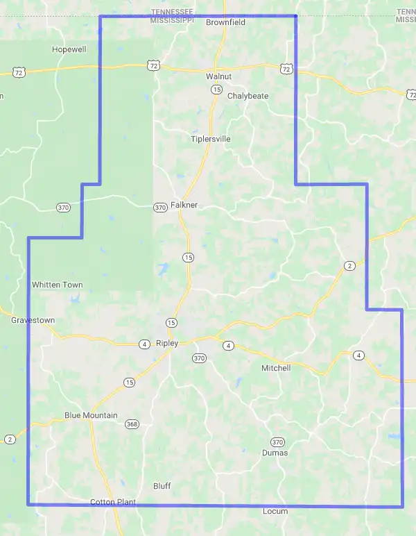 County level USDA loan eligibility boundaries for Tippah, Mississippi