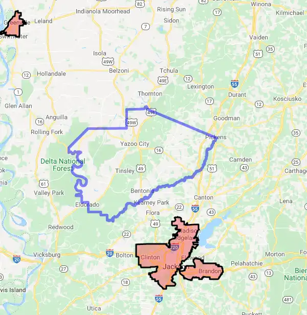 County level USDA loan eligibility boundaries for Yazoo, Mississippi