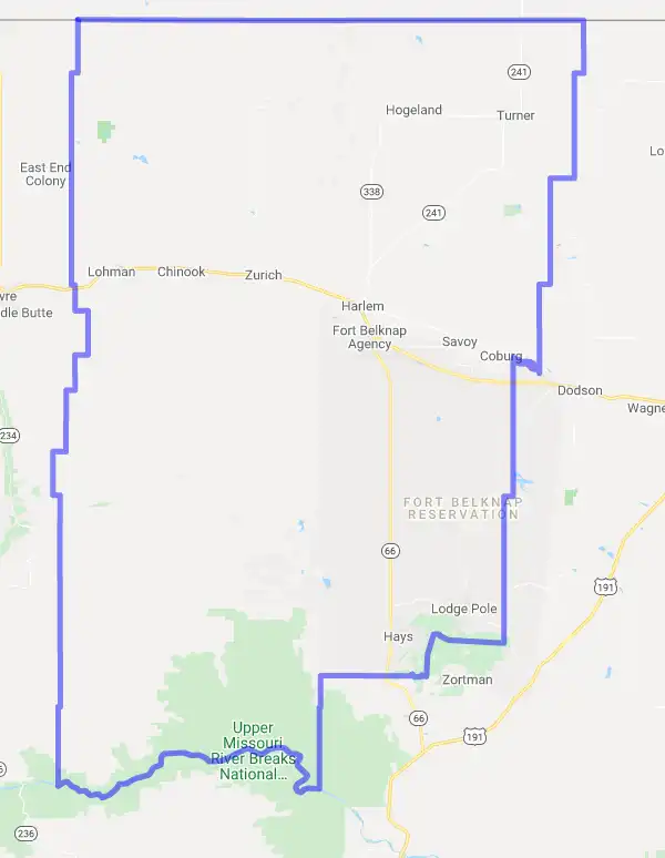 County level USDA loan eligibility boundaries for Blaine, MT
