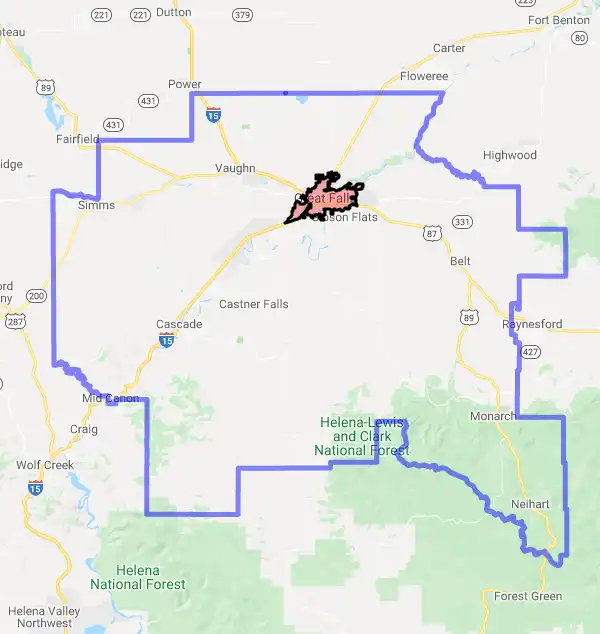 County level USDA loan eligibility boundaries for Cascade, Montana