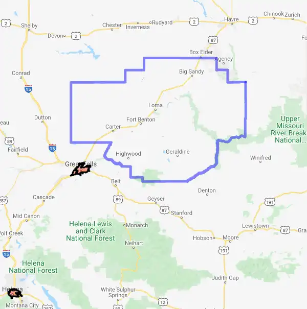 County level USDA loan eligibility boundaries for Chouteau, Montana