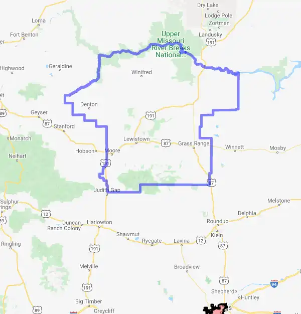 County level USDA loan eligibility boundaries for Fergus, Montana