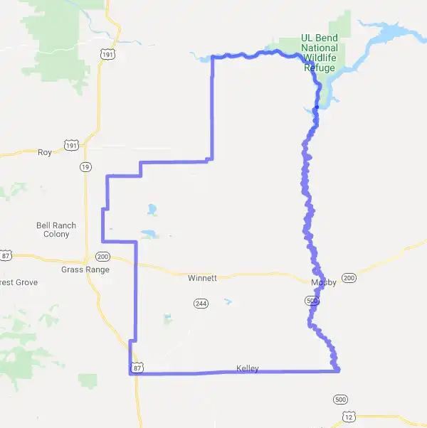 County level USDA loan eligibility boundaries for Petroleum, Montana