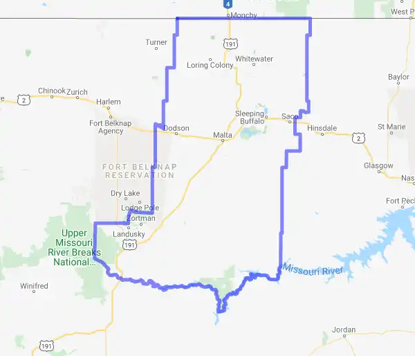 County level USDA loan eligibility boundaries for Phillips, Montana