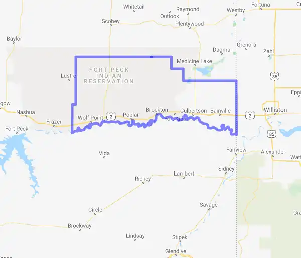 County level USDA loan eligibility boundaries for Roosevelt, MT