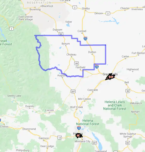 County level USDA loan eligibility boundaries for Teton, Montana