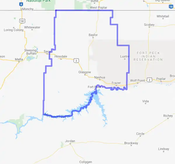 County level USDA loan eligibility boundaries for Valley, Montana