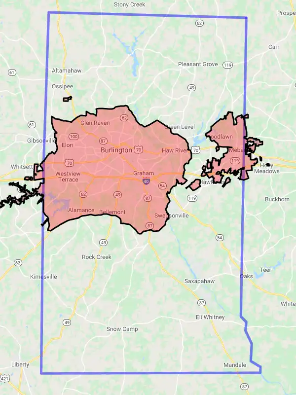 County level USDA loan eligibility boundaries for Alamance, North Carolina