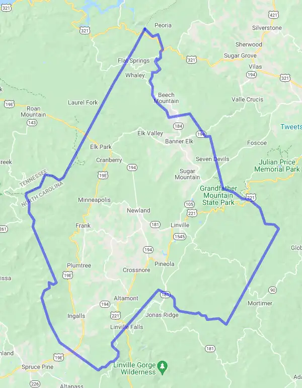 County level USDA loan eligibility boundaries for Avery, North Carolina