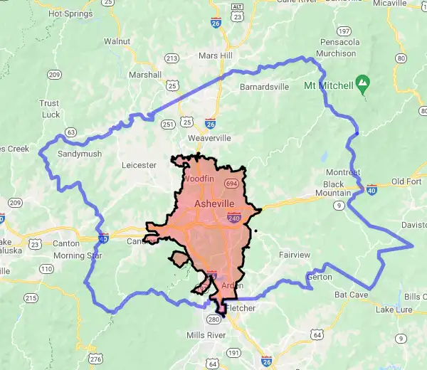 County level USDA loan eligibility boundaries for Buncombe, North Carolina