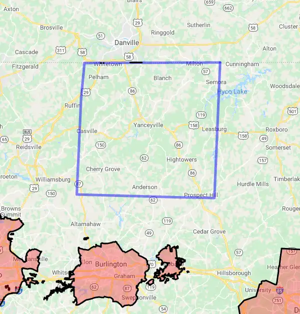 County level USDA loan eligibility boundaries for Caswell, North Carolina