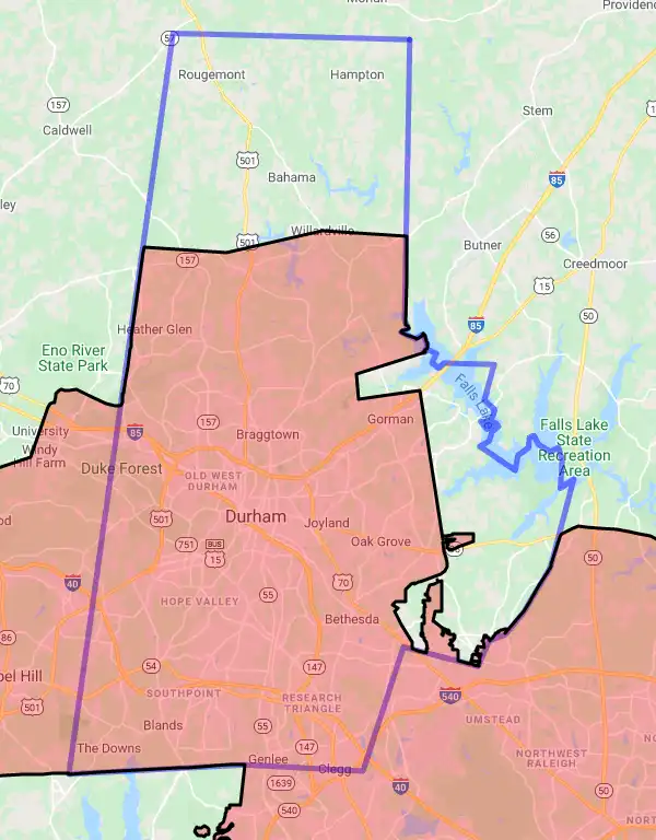 County level USDA loan eligibility boundaries for Durham, North Carolina