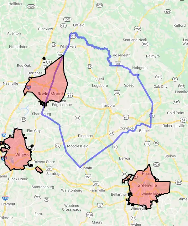 County level USDA loan eligibility boundaries for Edgecombe, North Carolina