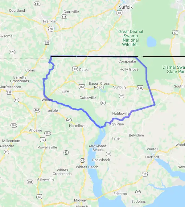 County level USDA loan eligibility boundaries for Gates, North Carolina