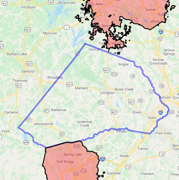 County level USDA loan eligibility boundaries for Harnett, North Carolina