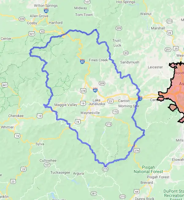 County level USDA loan eligibility boundaries for Haywood, North Carolina