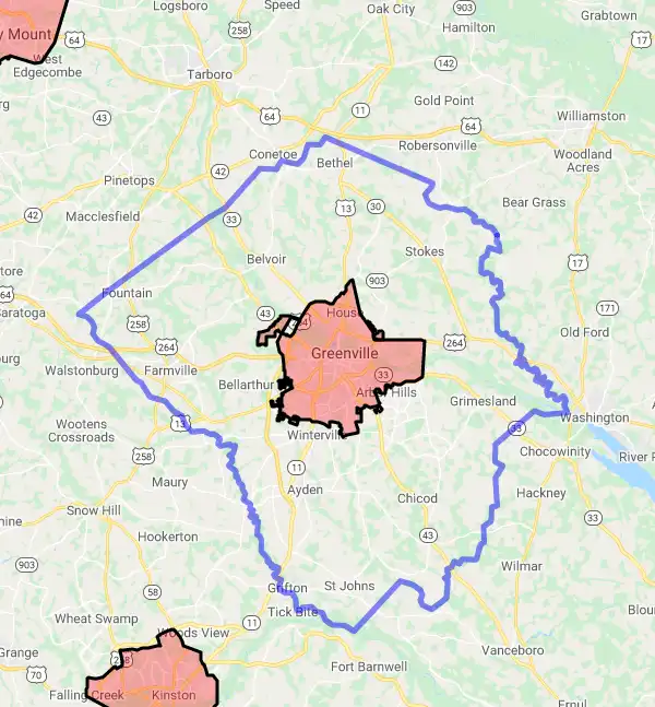 County level USDA loan eligibility boundaries for Pitt, North Carolina