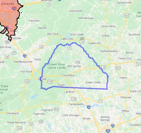 County level USDA loan eligibility boundaries for Polk, North Carolina