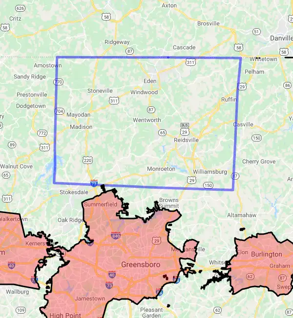 County level USDA loan eligibility boundaries for Rockingham, North Carolina