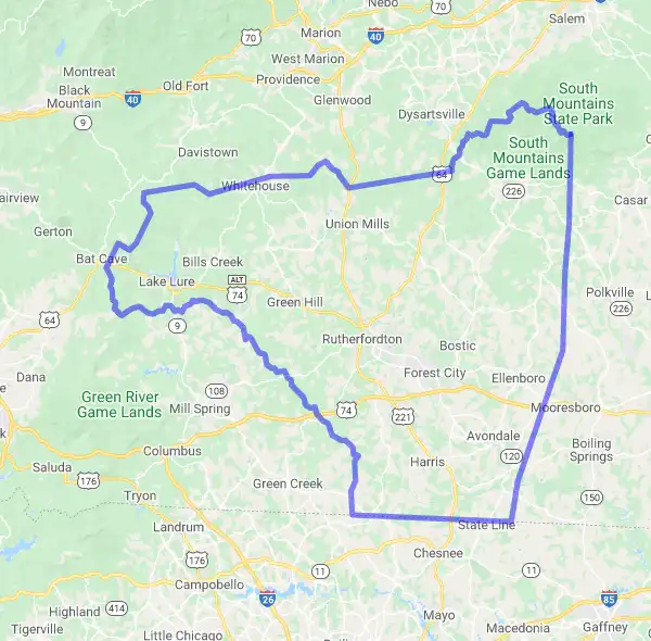 County level USDA loan eligibility boundaries for Rutherford, North Carolina