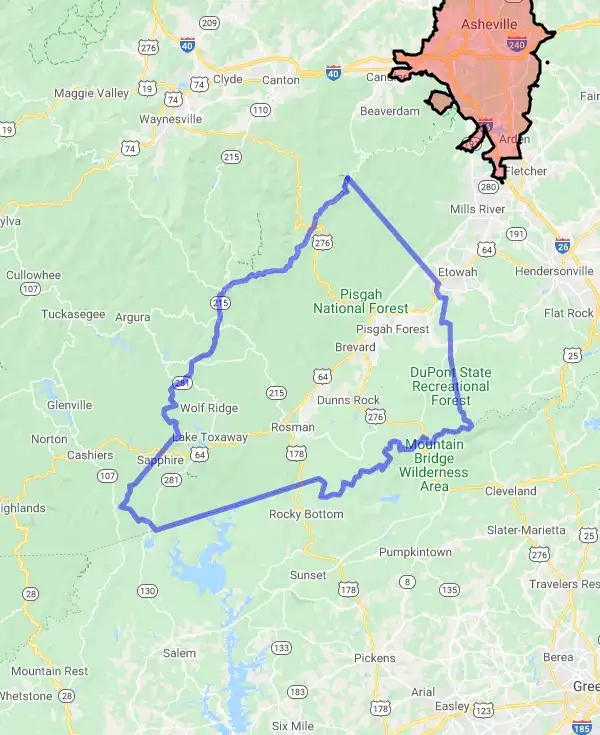 County level USDA loan eligibility boundaries for Transylvania, North Carolina