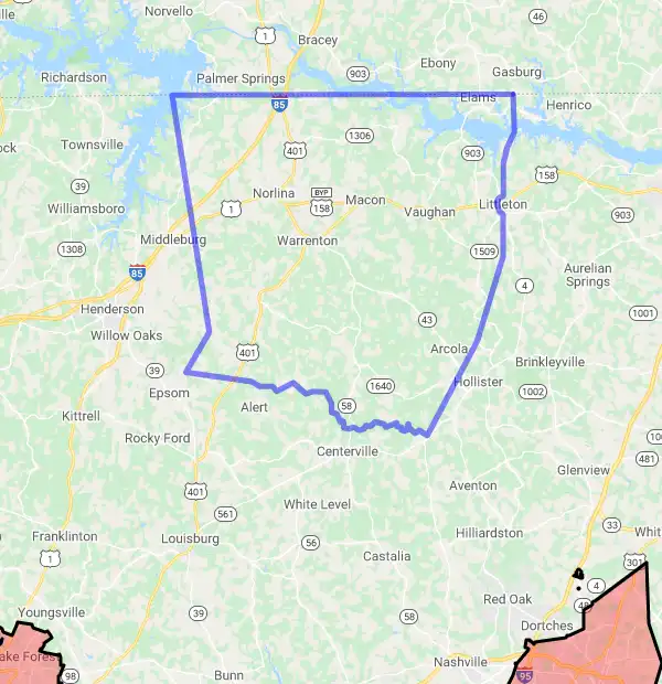 County level USDA loan eligibility boundaries for Warren, North Carolina