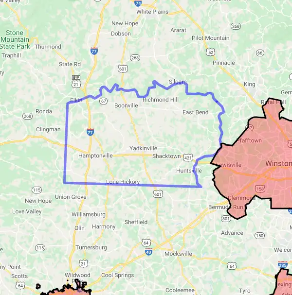 County level USDA loan eligibility boundaries for Yadkin, North Carolina