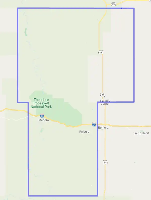 County level USDA loan eligibility boundaries for Billings, North Dakota