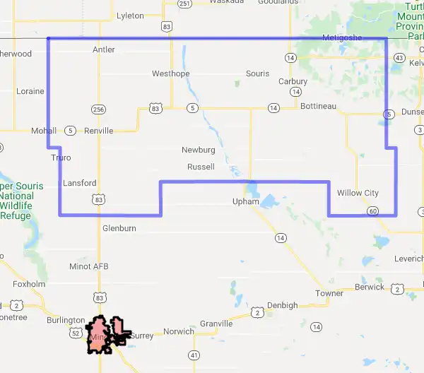 County level USDA loan eligibility boundaries for Bottineau, North Dakota