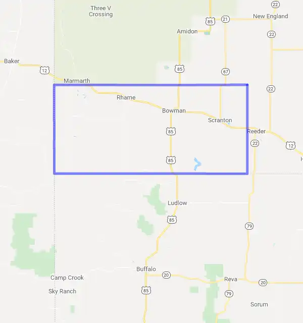 County level USDA loan eligibility boundaries for Bowman, ND
